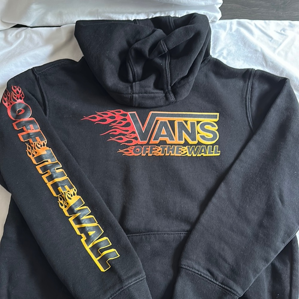 Vans Black Hoodie with Red and Yellow Flames Medium.